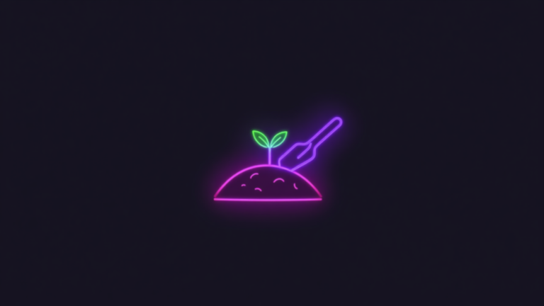 Neon-Bodenhügel mit Sämling und Kelle – die richtige Erde und Substrate für den Grow