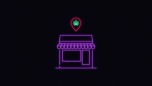 Neon-Ladenfront mit Standort-Pin und Hanfblatt – Headshop in Paderborn