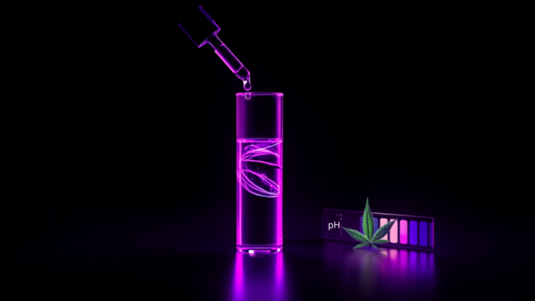 Neon-Reagenzglas mit pH-Farbskala und Hanfblatt – pH-Wert im Grow richtig messen