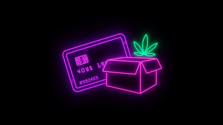 Neon-Kreditkarte und Paket mit Hanfblatt – Zahlungs- und Versandarten bei Moin Kiffers