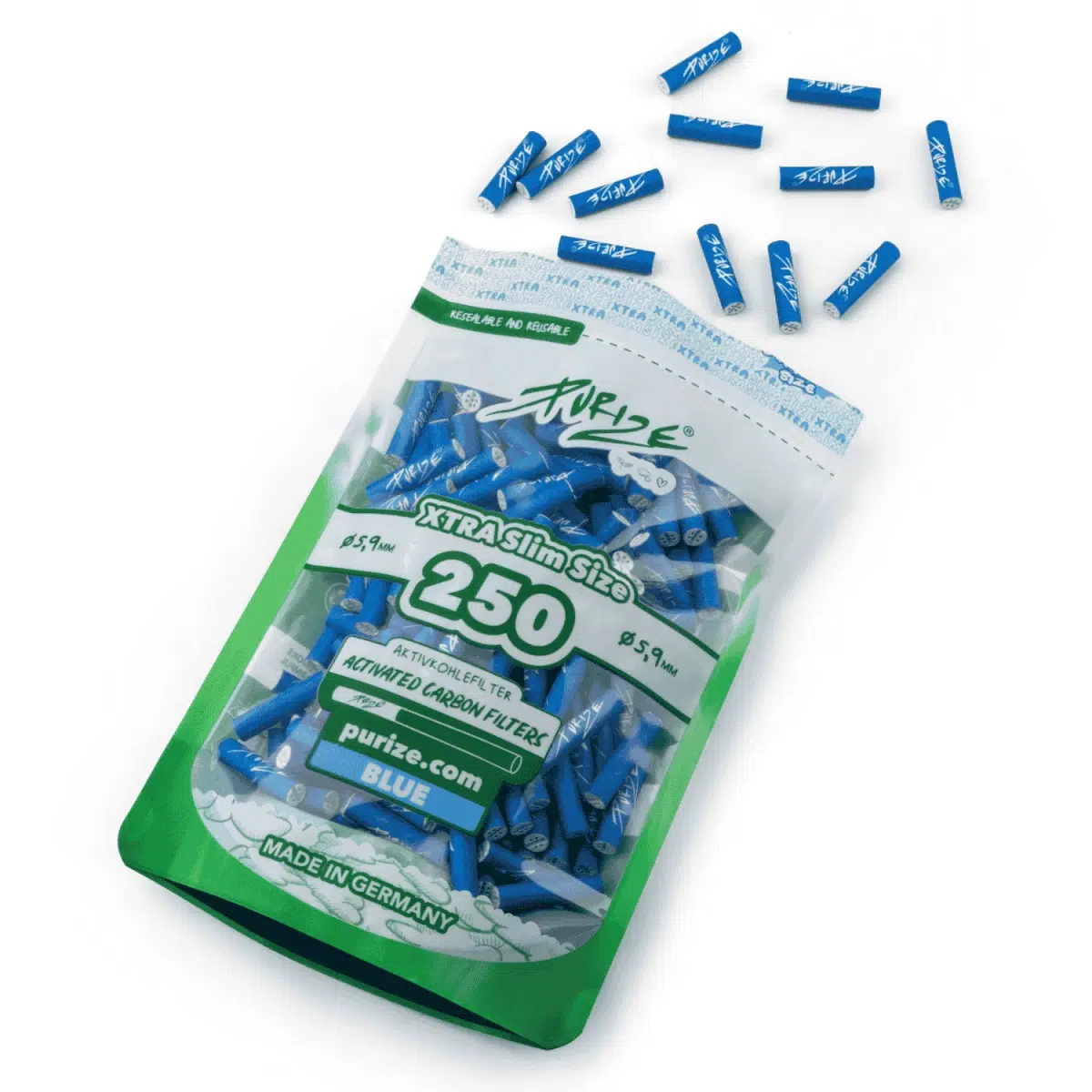 PURIZE Aktivkohlefilter XTRA Slim 6mm - Blau, 250 Stück – Bild 2