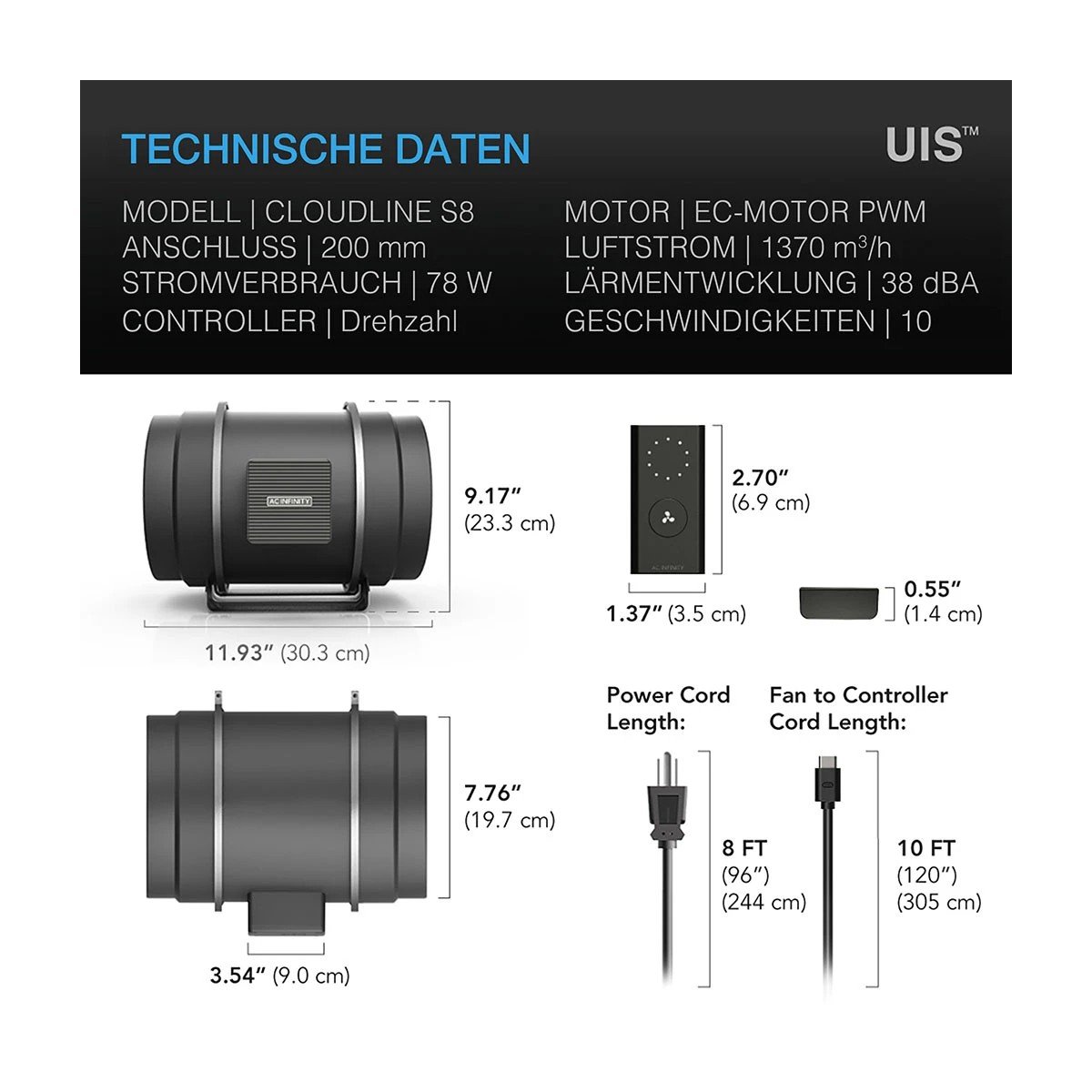 AC Infinity CLOUDLINE Pro S8 200 mm – Bild 2